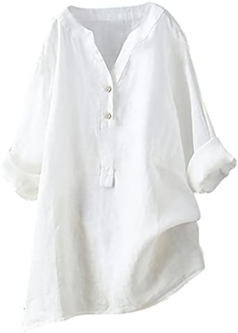 Ženske ljetne posteljine posteljine V-izrez 3/4 Roll up rukavi majica s punim bojama labavim atmoničnim
