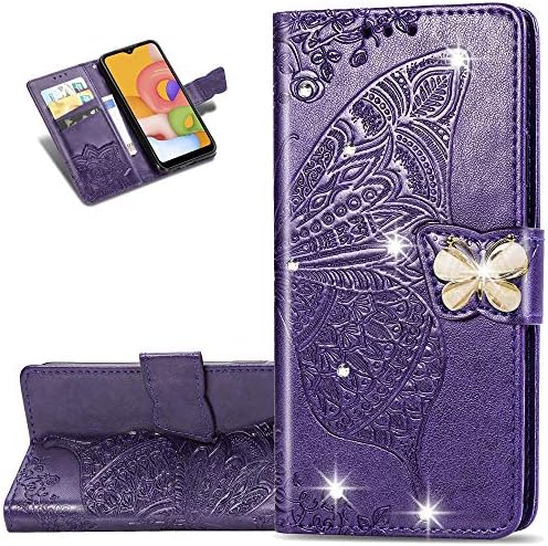 LEMAXELERS Samsung Galaxy J3 2018 Case Bling Diamond Butterfly reljefni novčanik Flip PU Koža magnetna kartica