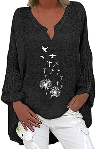 Camiseta Manga Larga Color Liso Para Mujer Túnica Ocio Blusa Cómoda Cuello en v Camiseta Sin Mangas Algodón y lino,