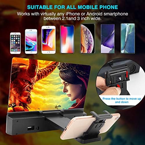 Camecosy 12 Pojačavač zaslona telefona sa Bluetooth zvučnikom, HD Anti-Blee mobile zaslon za mobitel sa 2-u-1 sklopivo držač postolja Prijenosni 3D povijanje zaslona za sve pametne telefone, crna