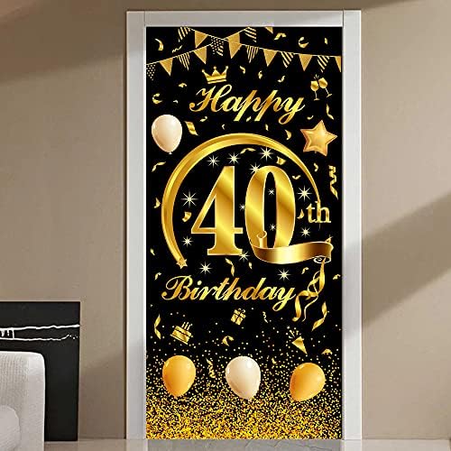 Mocossmy Happy 40th Birthday Banner vrata, veliki crni i Zlatni poklopac vrata trijem fotografija pozadina pozadina znak za žene muškarci pokloni Unutarnji Vanjski rođendanske potrepštine ukras