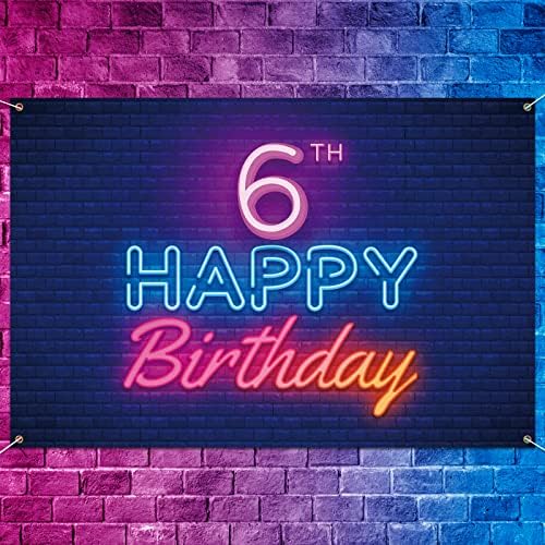 Glow Neon Happy 6th Birthday Backdrop Banner Decor Black-Colorful Glowing 6 Years old Birthday Party theme