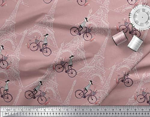 Soimoi pamuk dres tkanina djevojka, bicikl & Eiffelov toranj arhitektonski Print šivanje tkanina Dvorište 58 inčni širok