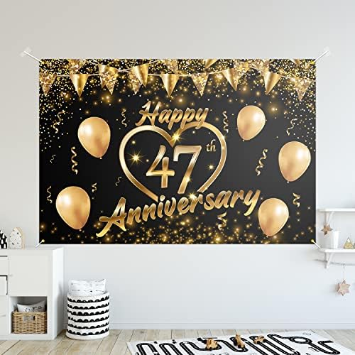 Sretna 47. godišnjica pozadina Banner Decor crno zlato-Glitter Love Heart Happy 47 godina godišnjica vjenčanja