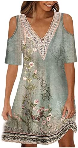 Ženska Tshirt haljina sa hladnim ramenom cvjetna Casual ljetne haljine sa kratkim rukavima dame heklane V izrez kratke haljine