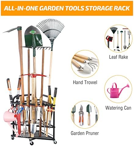 Plkow Organizator baštenskog alata sa točkovima i kukama za odlaganje, ugaoni nosač alata za baštu, šupu,