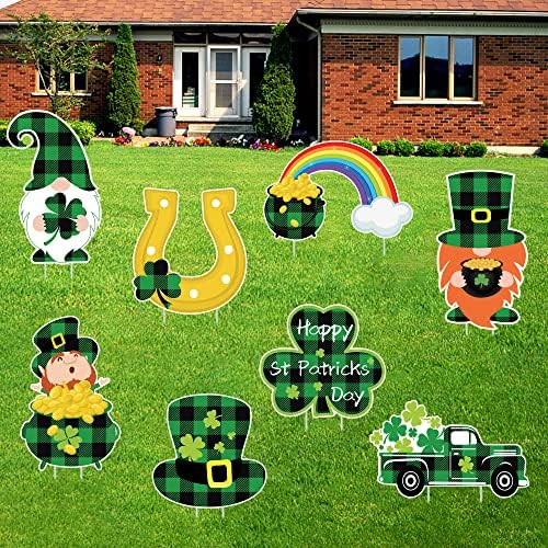 St. Patricks Day Yard znakovi, 8 kom zeleni Buffalo Plaid Yard dekoracije Irski Leprechaun potkovice Shamrock