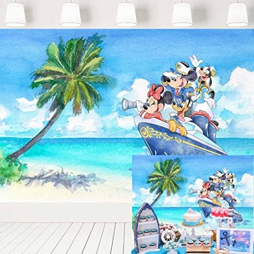 Mickey Mouse Nautička Rođendanska pozadina Minnie brod za krstarenje Akvarelnim stilom tropska plaža pozadina