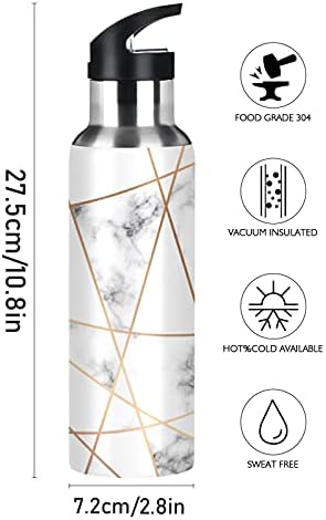 Chic mramorna boca sa slamnim poklopcem, sivim bijelim geometrijskim linijama vakuum izolirane boce od nehrđajućeg