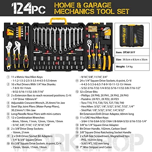 Hi-Spec 124piece Home & amp; garaža mehanika Komplet alata Set. Kompletni Osnovni ručni alati za DIY popravke